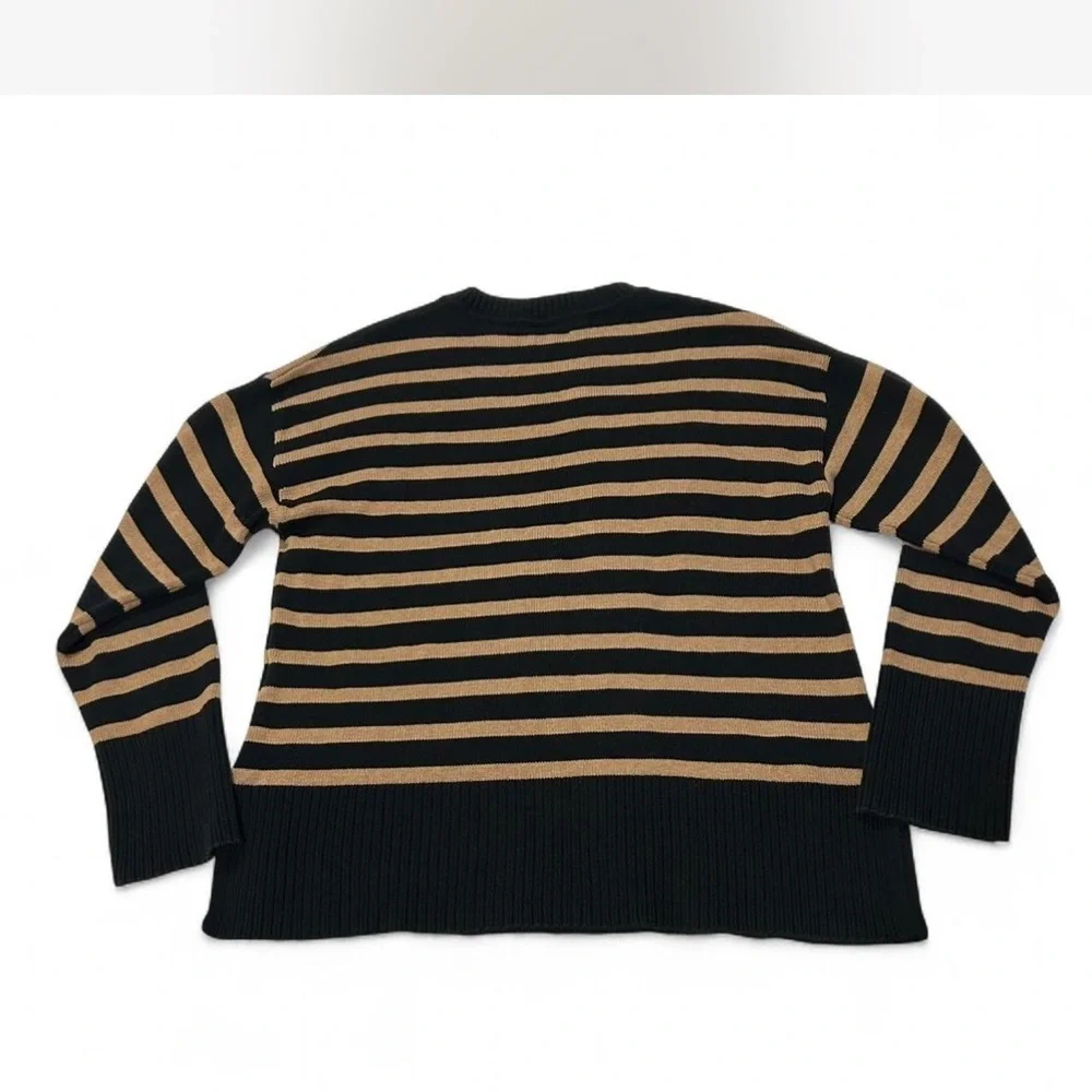 |J.Crew| Black Tan Striped Crewneck Relaxed Sweater 100% Cotton Woman's Small